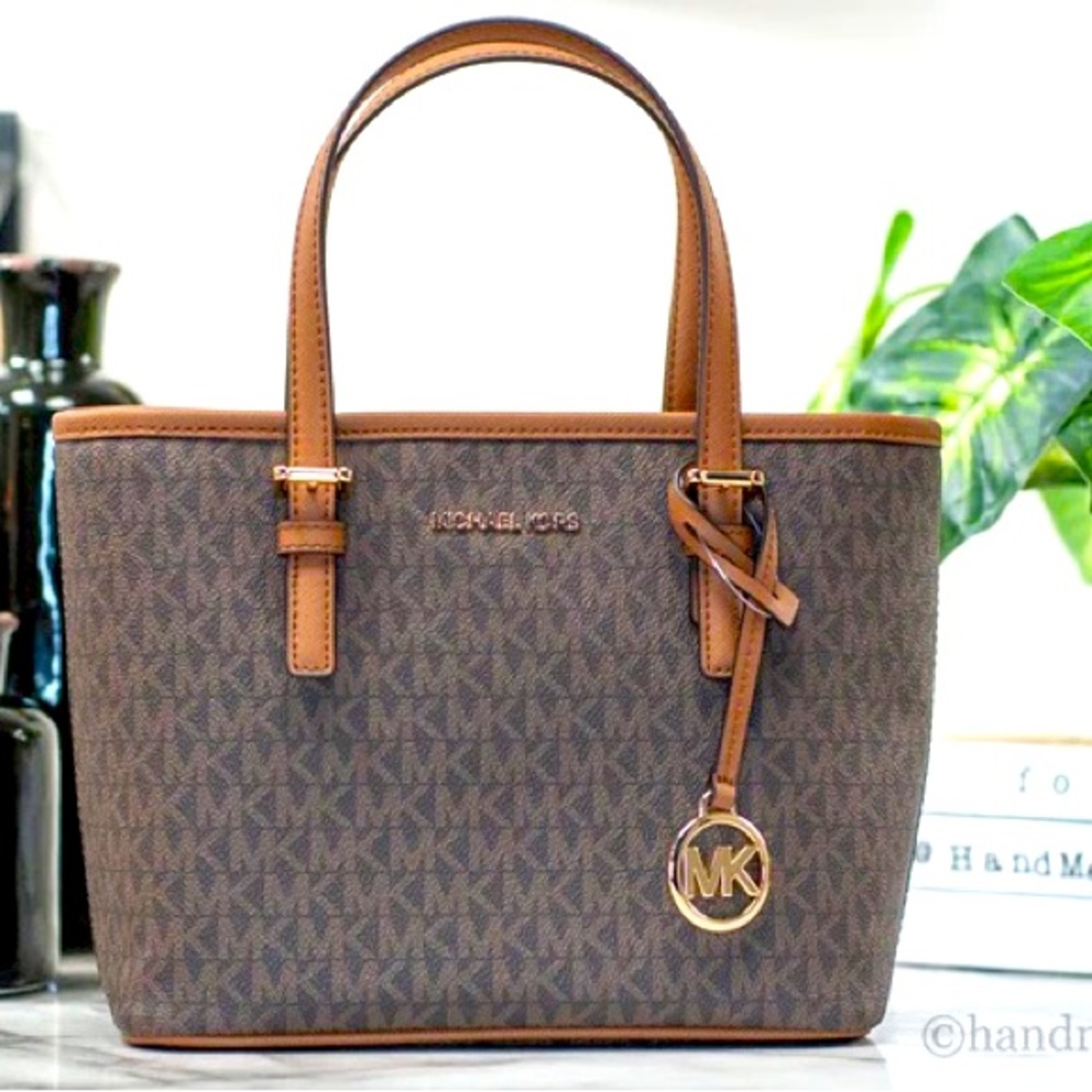Michael Kors Jet Set Travel Convertible XS Carryall Top Zip Logo Tote Brown MK